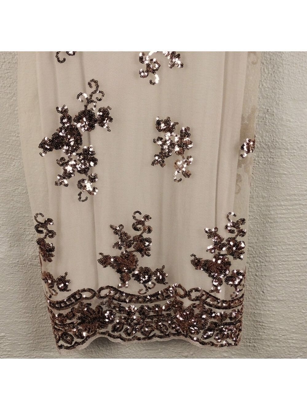 About A Girl Cream Tan Tulle Metallic Sequin Overlay Spaghetti Strap Tank Top - Picture 3 of 16